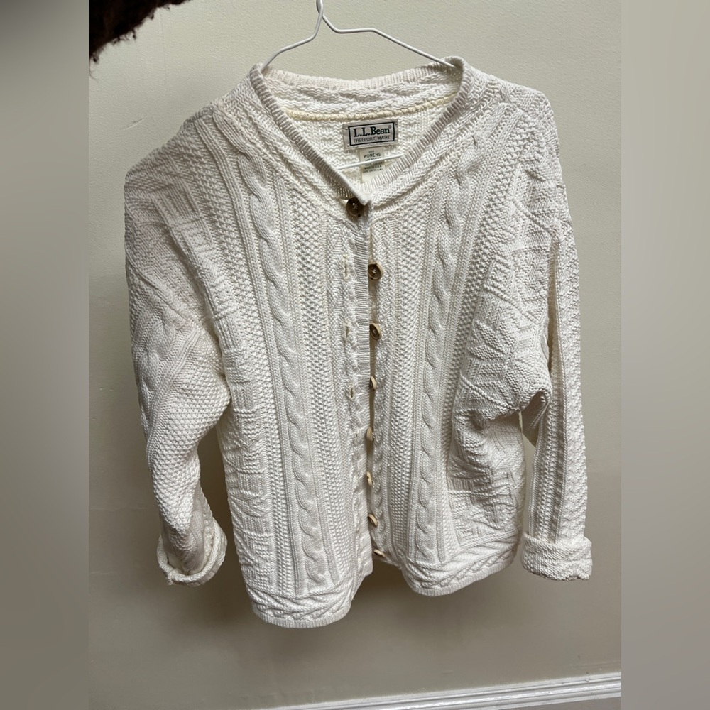 L.L. Bean Women's White Cable Knit Cardigan